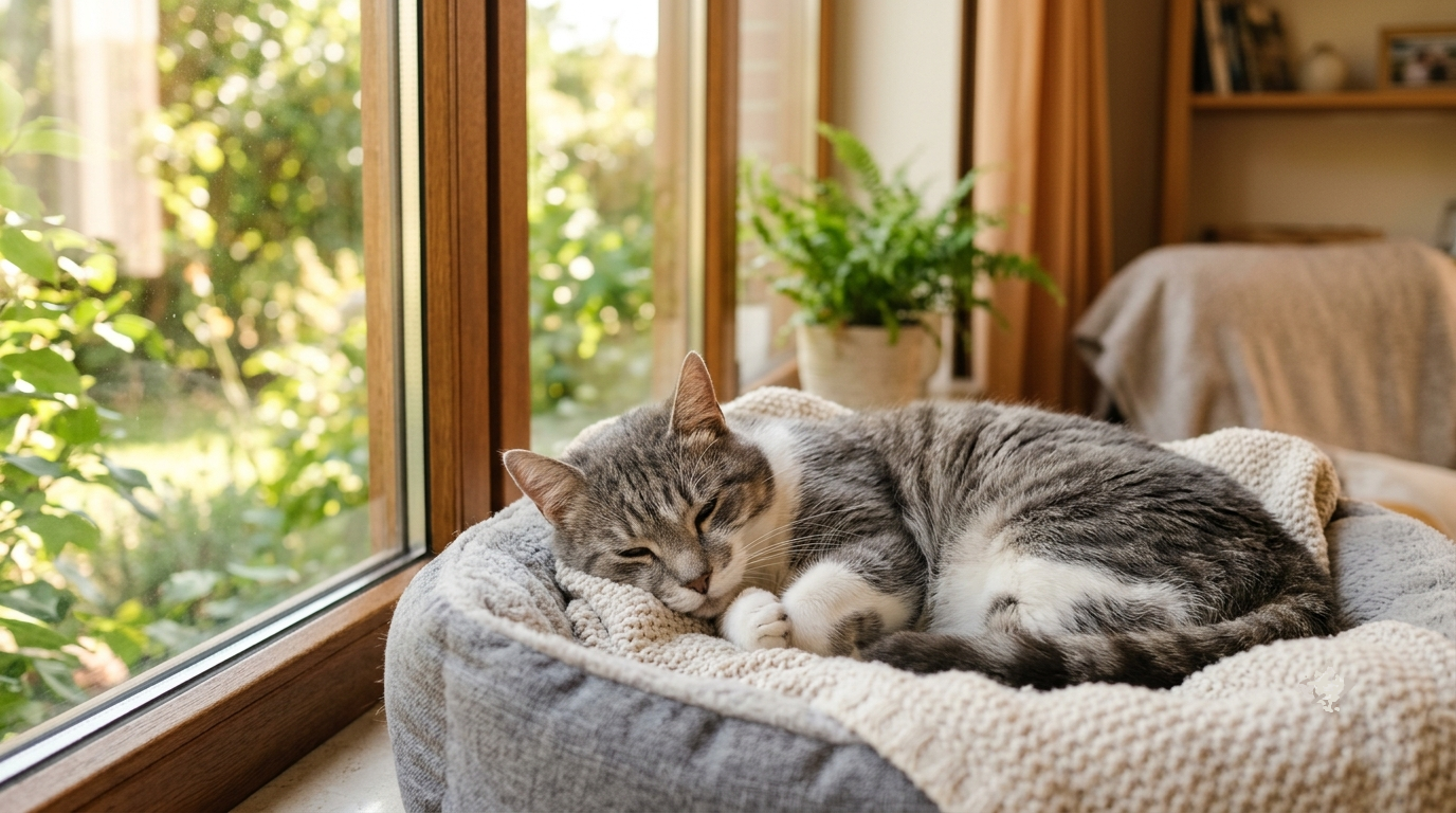 Senior cat resting peacefully and calmly curled up in a cozy bed