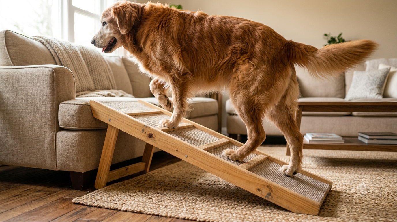 Senior golden retriever confidently walking up a ramp onto the couch