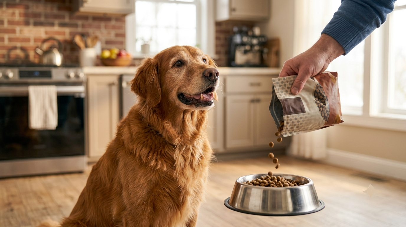 Senior golden retriever waiting happily as owner pours food into bowl in kitchen
