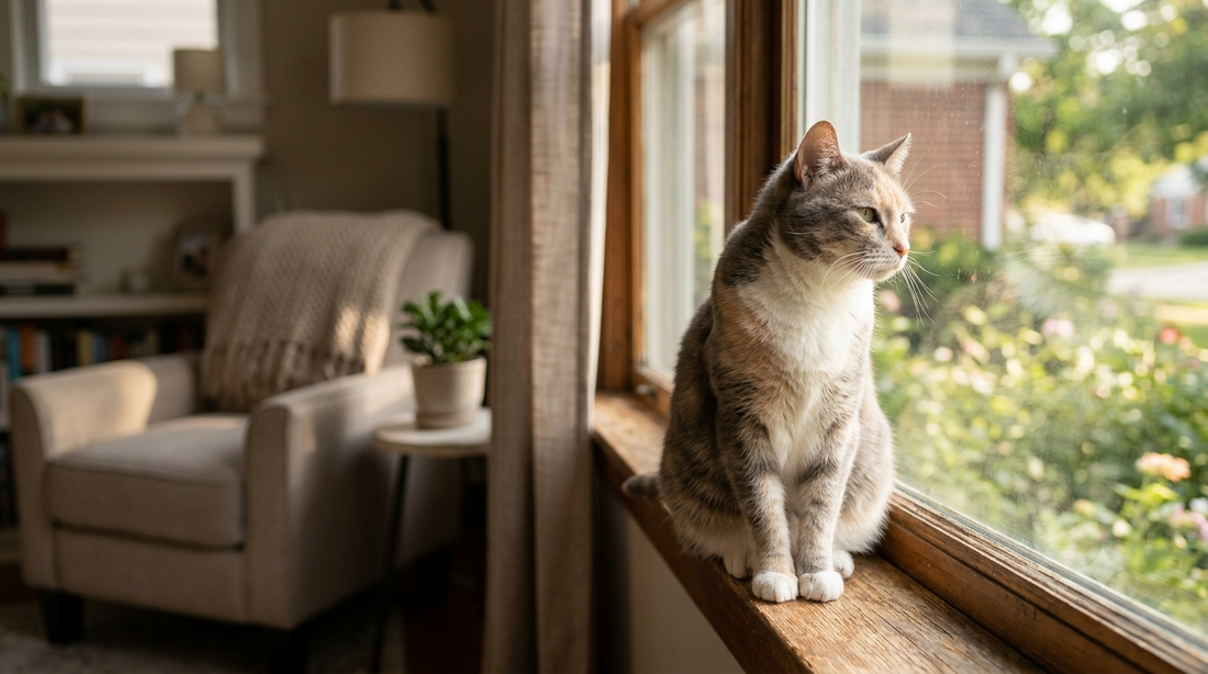 Senior cat sitting calmly on a sunny windowsill, looking outside peacefully