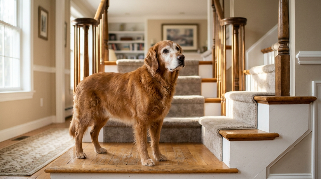 Senior golden retriever hesitating at the bottom of home stairs due to weak back legs