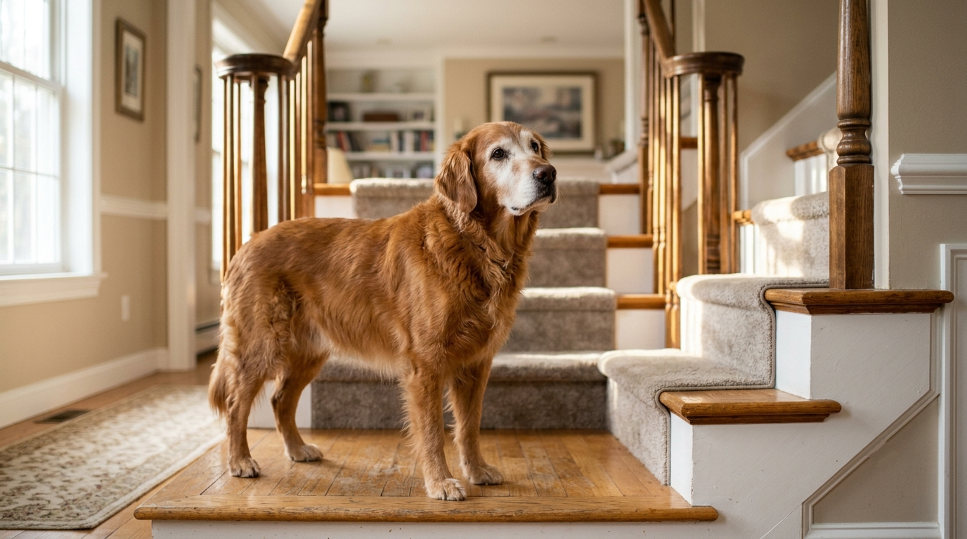 Senior golden retriever hesitating at the bottom of home stairs due to weak back legs