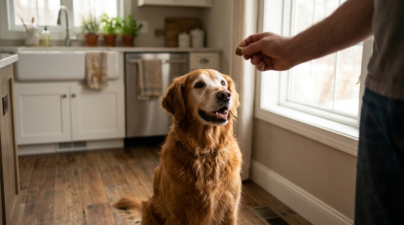 Senior golden retriever happily receiving a vet-recommended joint supplement chew from owner