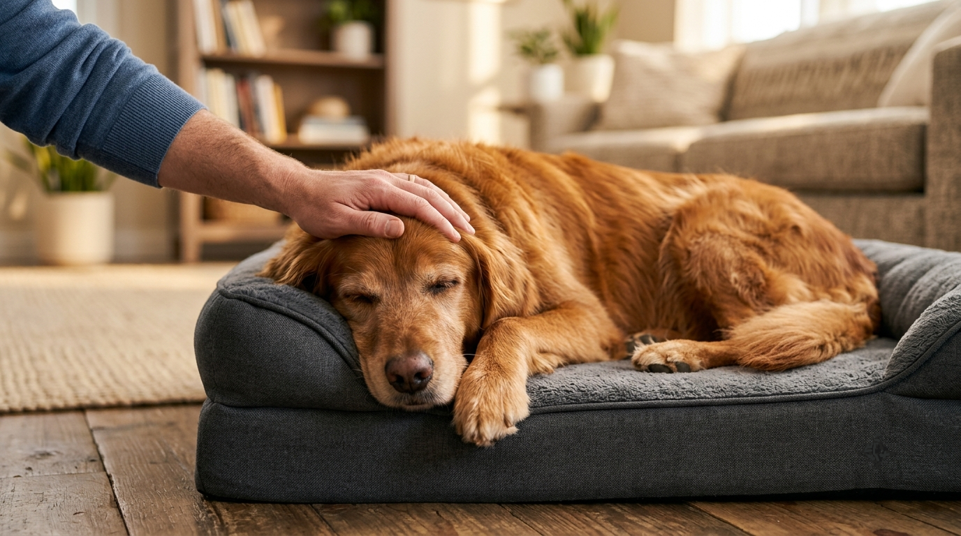 Senior golden retriever resting comfortably on an orthopedic bed while owner gently pets its head
