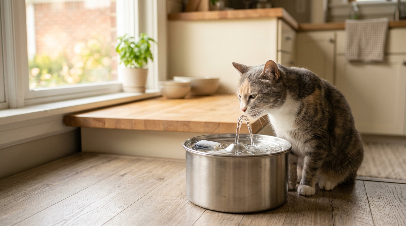 Senior cat calmly drinking water from a stainless steel fountain, supporting kidney health
