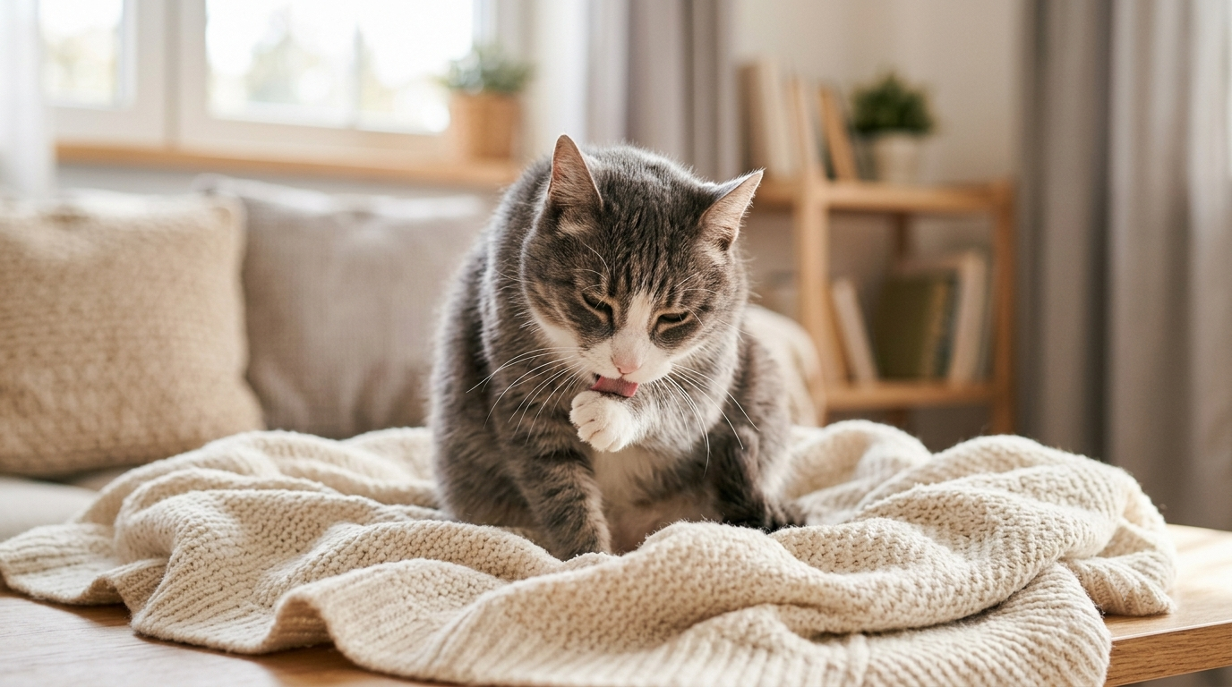 Senior cat calmly grooming itself while sitting comfortably on a blanket