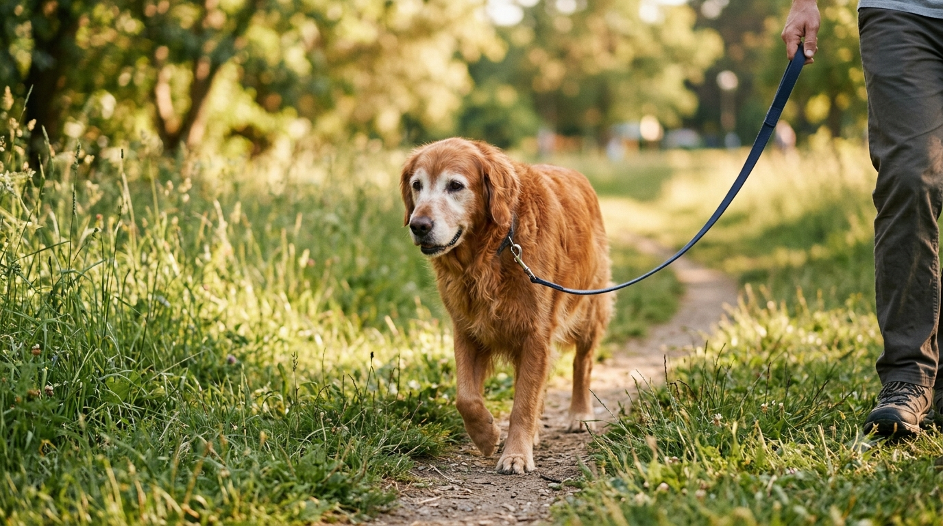 Senior golden retriever walking comfortably on a gentle leash walk in a park