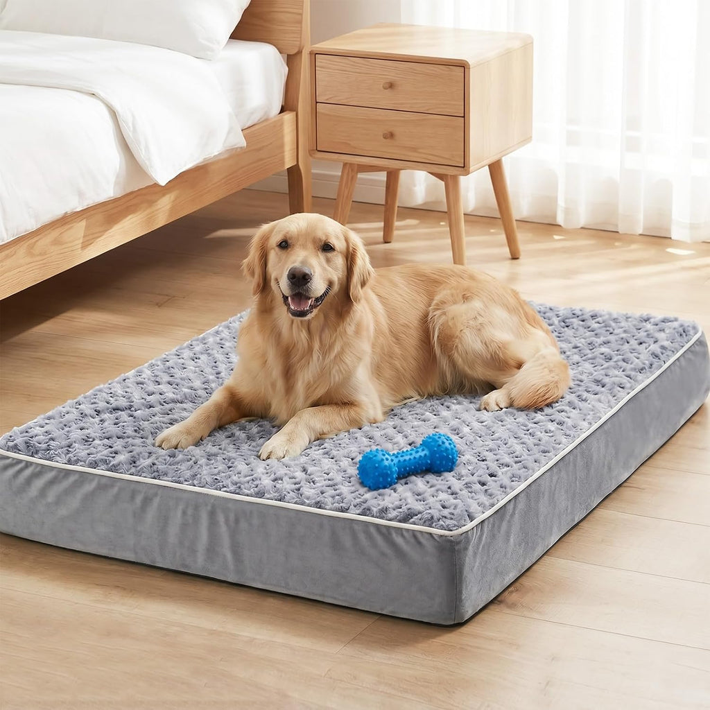 Orthopedic XL Dog Beds Large Sized Dog,Extra Large Waterproof Dog Bed with Removable Washable Cover & Anti-Slip Bottom,Egg Crate Foam Pet Bed with Soft Rose Plush Crate Mat.