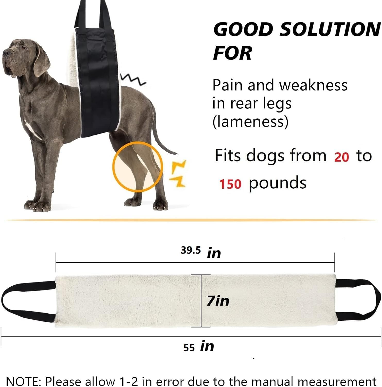 Padded rear support sling for aging dogs