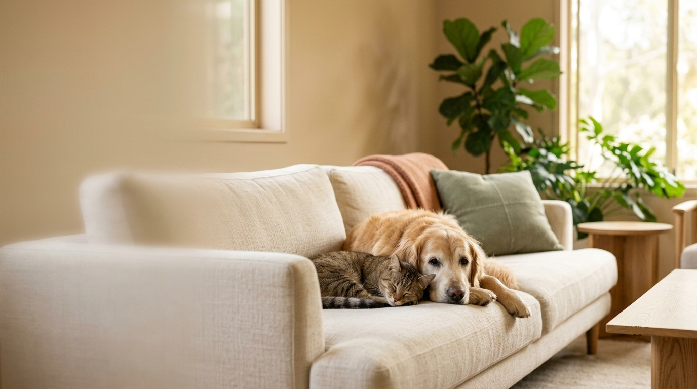 Senior golden retriever and tabby cat resting together on a cream sofa in a warm, sunlit living room